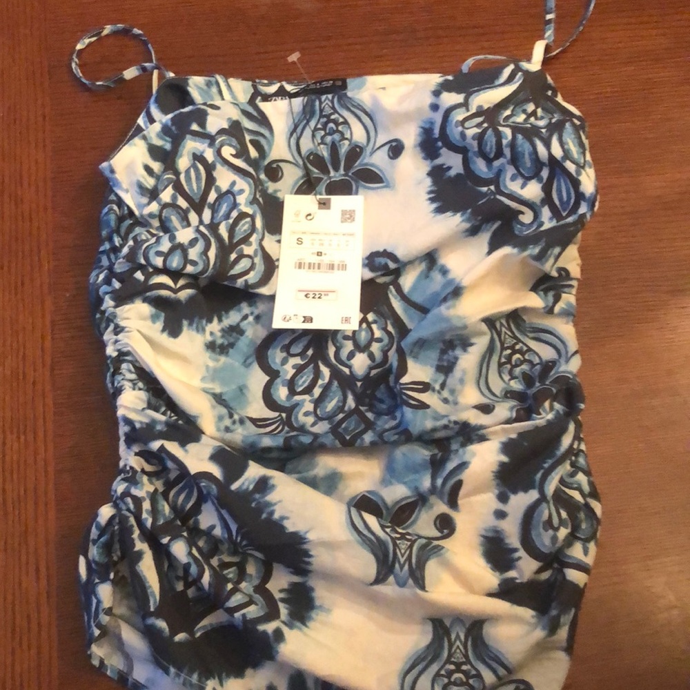 Blue Fitted Camisole with Ruched Spaghetti Straps